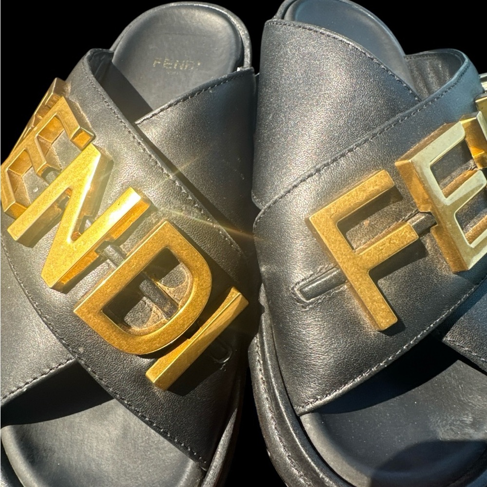 Fendi Black and Gold Leather Sandals